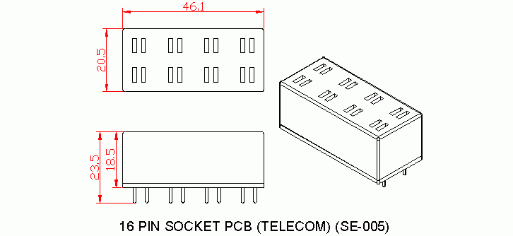 Dimensional drawing for SM005 16 Pin Socket PCB