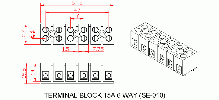 Dimensional drawing for SM010 Terminal Block 6Way Sq. 15A