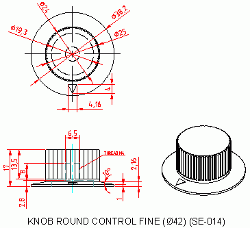 Dimensional drawing for SM014 Knob Round Control Fine Dia 42 mm