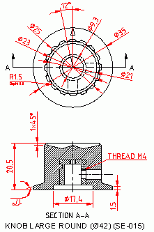 Dimensional drawing for SM015 Knob Large Round Dia 42 mm