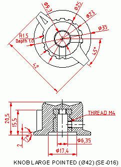 Dimensional drawing for SM016 Knob Large Pointed Dia 42 mm