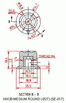 Dimensional drawing for SM017 Knob Medium Round Dia 27 mm