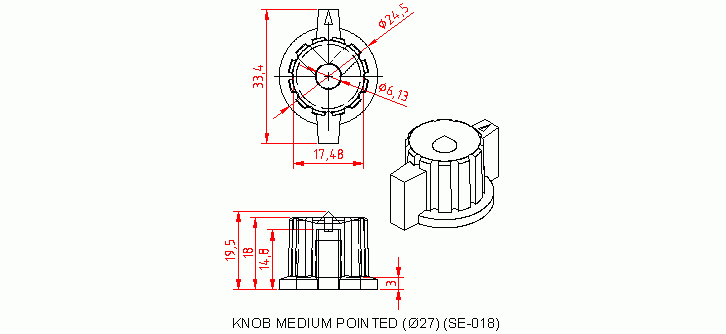Dimensional drawing for SM018 Knob Medium Pointed Dia 27 mm