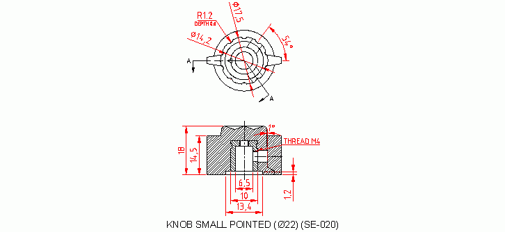 Dimensional drawing for SM020 Knob Small Pointed Dia 22 mm