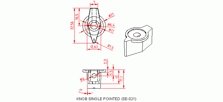 Dimensional drawing for SM021 Knob Single Pointed