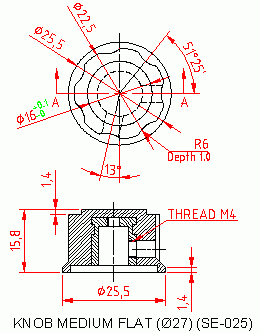 Dimensional drawing for SM025 Knob Medium Flat Dia 27mm