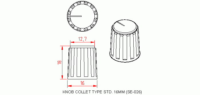 Dimensional drawing for SM026 Knob Collet Type Standard 16mm