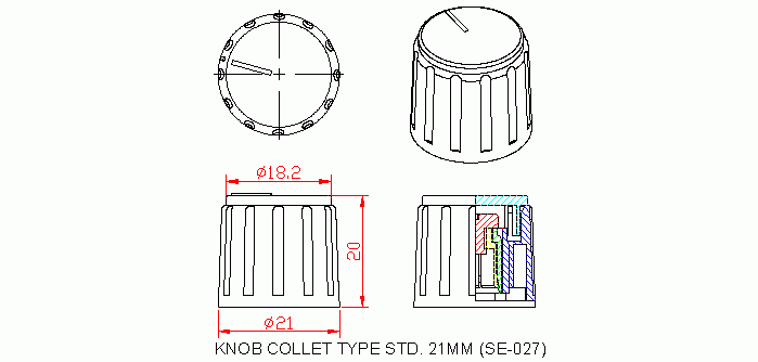 Dimensional drawing for SM027 Knob Collet Type Standard 21mm