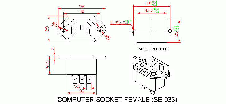 Dimensional drawing for SM033 Computer Socket Female