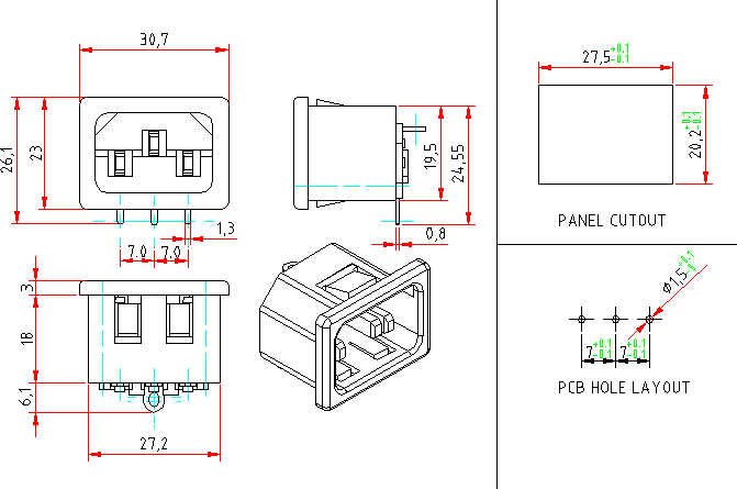 Dimensional drawing for SM037 Computer Socket Snap Mounting Solder