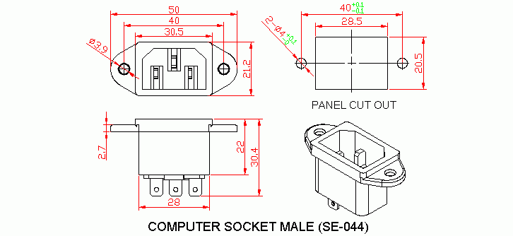 Dimensional drawing for SM044 Computer Socket Male