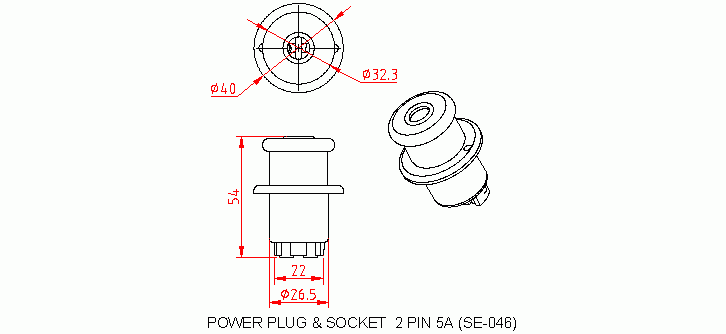 Dimensional drawing for SM046 Power Plug & Socket 2 Pin 5A