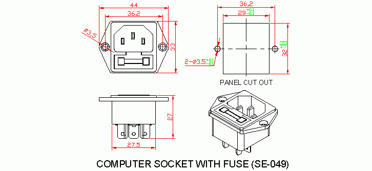 Dimensional drawing for SM049 Computer Socket with Fuse