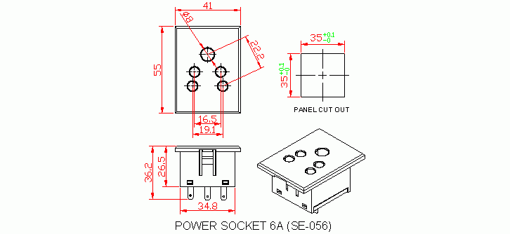 Dimensional drawing for SM056 Power Socket 6A