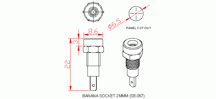 Dimensional drawing for SM057 Banana Socket 2mm
