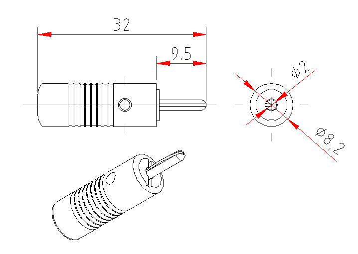 Dimensional drawing for SM058 Banana Plug 2mm