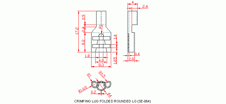 Dimensional drawing for SM064 Crimping Lug Folded Rounded Large