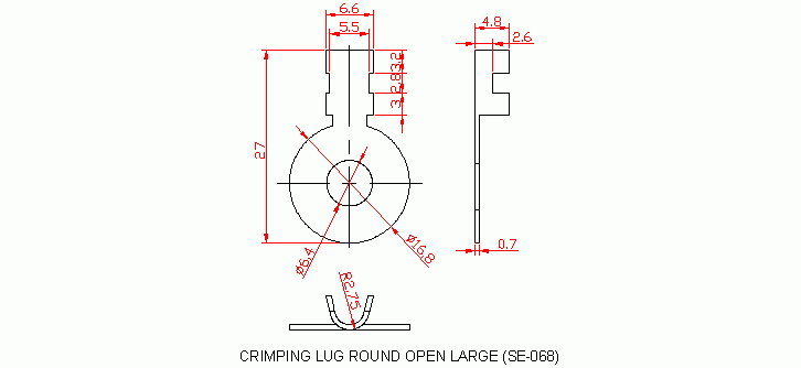 Dimensional drawing for SM068 Crimping Lug Round Open Large