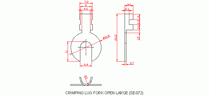 Dimensional drawing for SM072 Crimping Lug Fork Open Large
