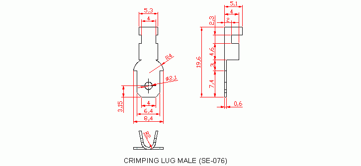 Dimensional drawing for SM076 Crimping Lug Male