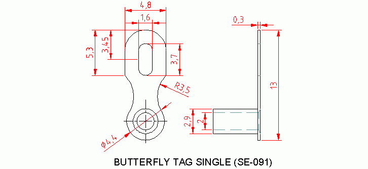Dimensional drawing for SM091 Male PCB Tag Right Angle