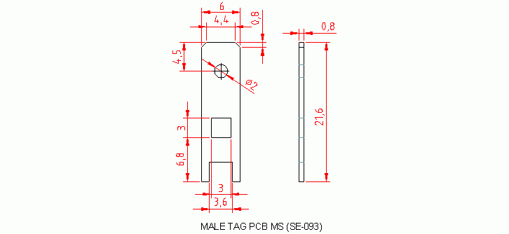 Dimensional drawing for SM093 Male Tag PCB MS