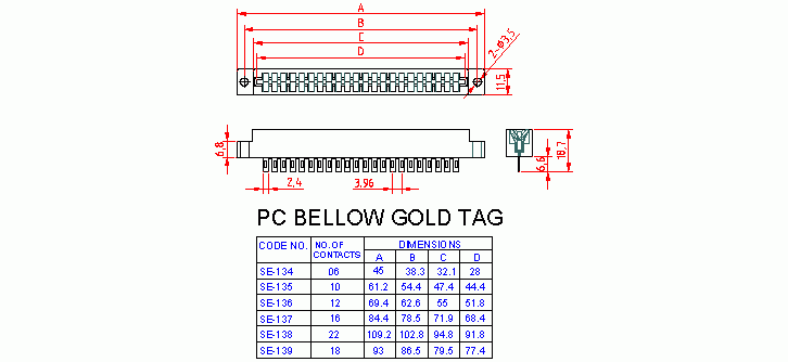 Dimensional drawing for SM134 PC Bellows Gold Tag 6 Way