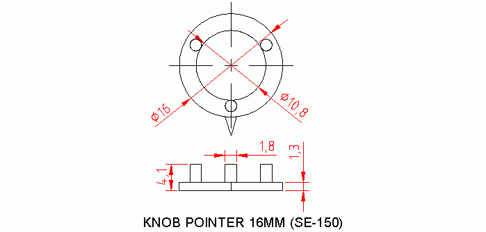 Dimensional drawing for SM150 Knob Pointer 16 mm