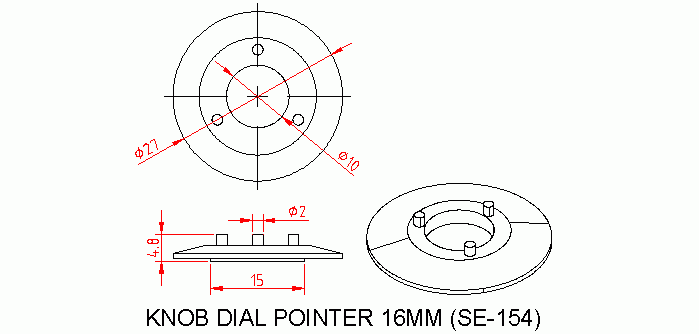 Dimensional drawing for SM154 Knob Dial Pointer 16 mm