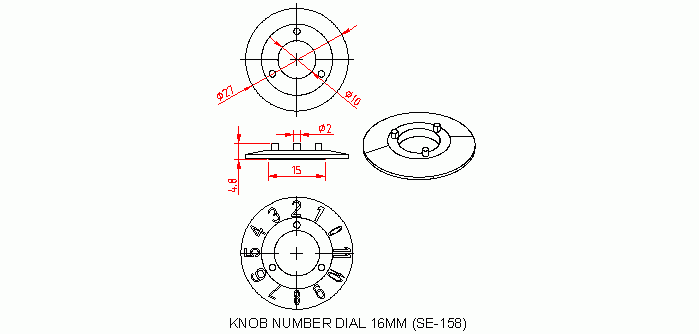 Dimensional drawing for SM158 Knob Number Dial Pointer 16 mm