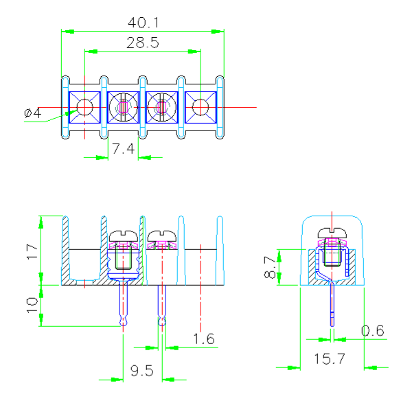 Dimensional drawing for SM181 PCB Connector 10Amp 2Way