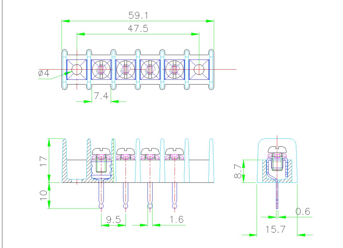 Dimensional drawing for SM183 PCB Connector 10A 4Way (Pitch 9.5mm)