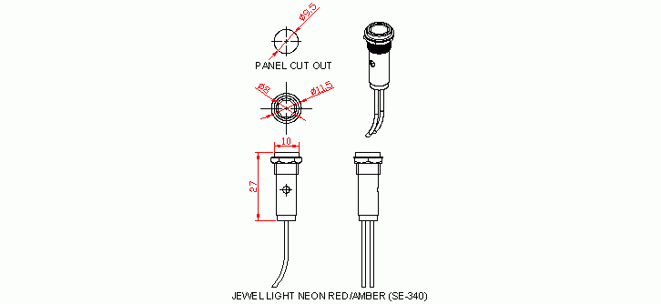 Dimensional drawing for SM203 Jewel Light Neon Red