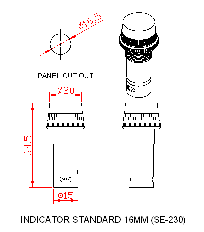 Dimensional drawing for SM231 Indicator Solid 16mm