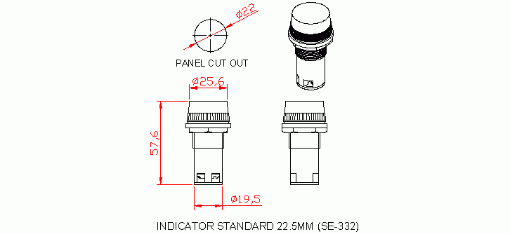 Dimensional drawing for SM232 Indicator Standard 22.5mm