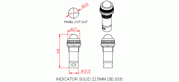 Dimensional drawing for SM233 Indicator Solid 22.5 mm