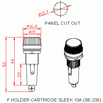 Dimensional drawing for SM236 Fuse Holder Cartridge Large Sleek 10A 6.35 X 32 mm