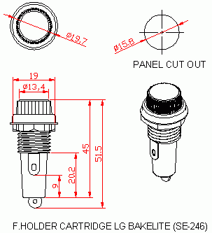 Dimensional drawing for SM246 Fuse Holder Cartridge Type Large Bakelite 15 A 6.35 X 32 mm