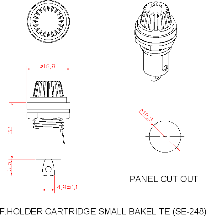 Dimensional drawing for SM248 Fuse Holder Cartridge Type Small Bakelite 6 A 5 X 20 mm