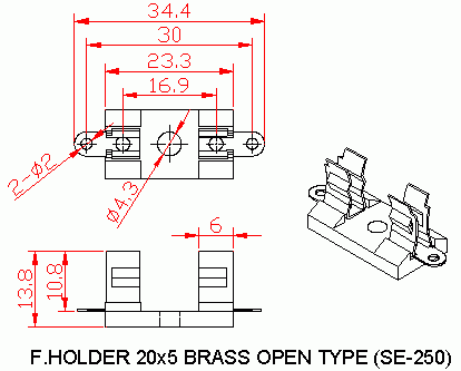 Dimensional drawing for SM250 Fuse Holder Open Type Small