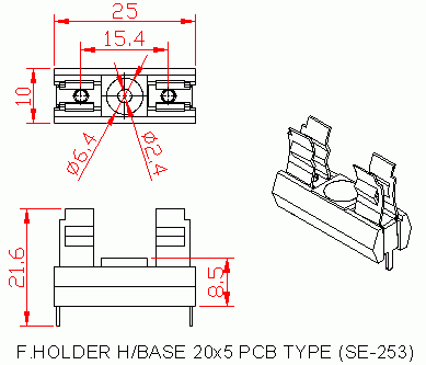 Dimensional drawing for SM253 H/Base Small PCB