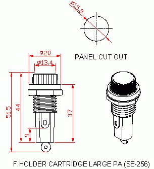 Dimensional drawing for SM256 Fuse Holder Cartridge Type Large Polyamide 10 A 6.35 X 32 mm