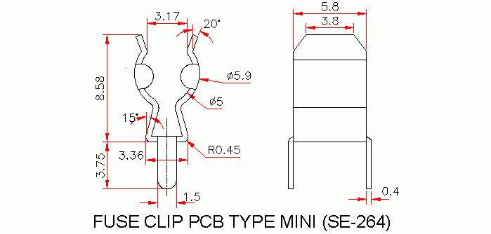 Dimensional drawing for SM264 Mini Fuse Clip PCB