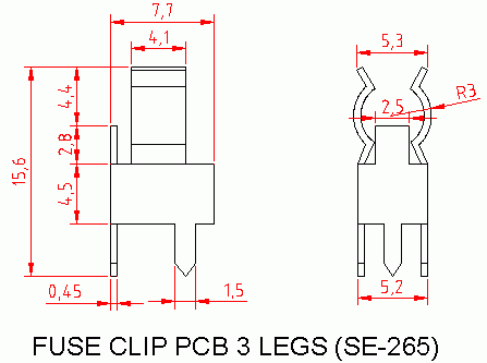 Dimensional drawing for SM265 Fuse Clip PCB 3 Legs