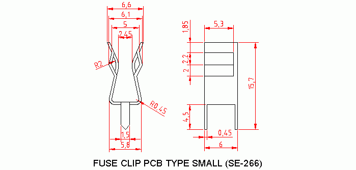 Dimensional drawing for SM266 Fuse Clip Small PCB