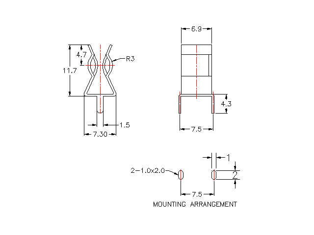Dimensional drawing for SM267 Fuse Clip Large PCB Mounting 6.35 mm