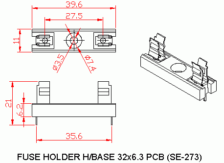 Dimensional drawing for SM273 Fuse Holder H/Base 32X6.3 PCB