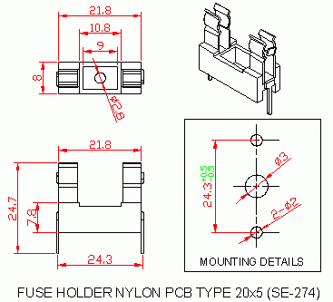 Dimensional drawing for SM274 Fuse Holder Nylon PCB Type 20X5