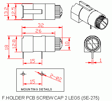 Dimensional drawing for SM275 Fuse Holder PCB Screw Cap 2 Legs