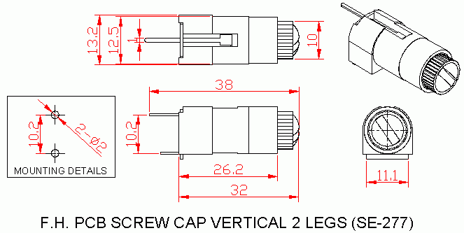Dimensional drawing for SM277 Fuse Holder PCB Screw Cap Vertical 2 Leg